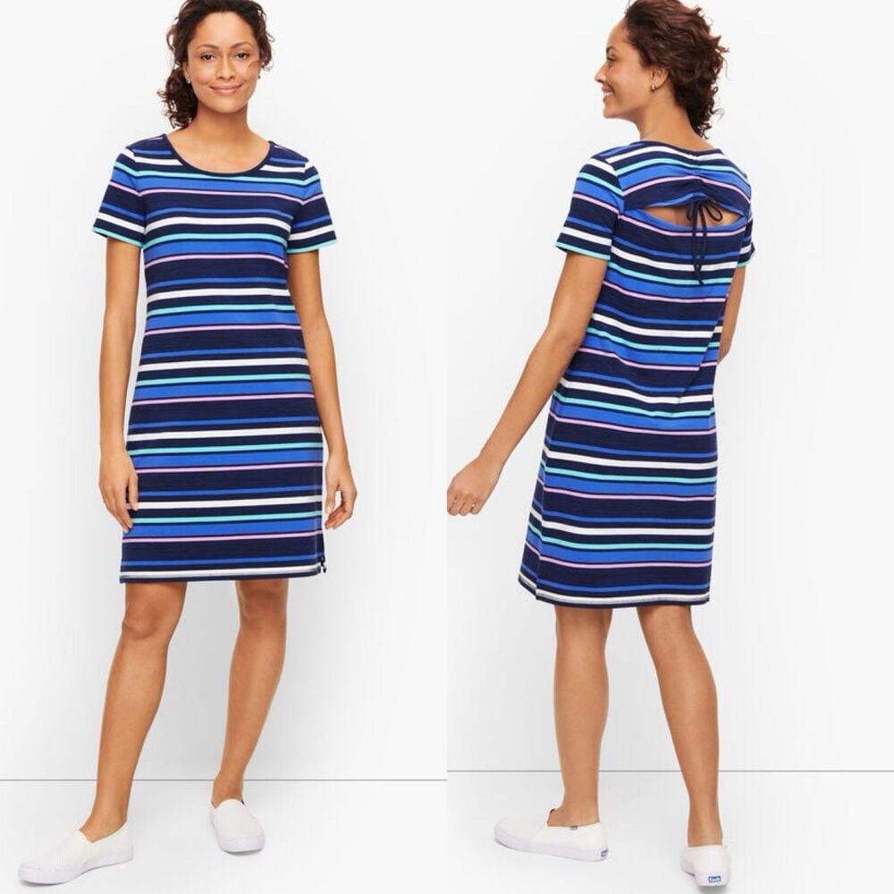 T by Talbots Blue Striped T-Shirt Dress Ruched Open Back Cutout Athleisure MP